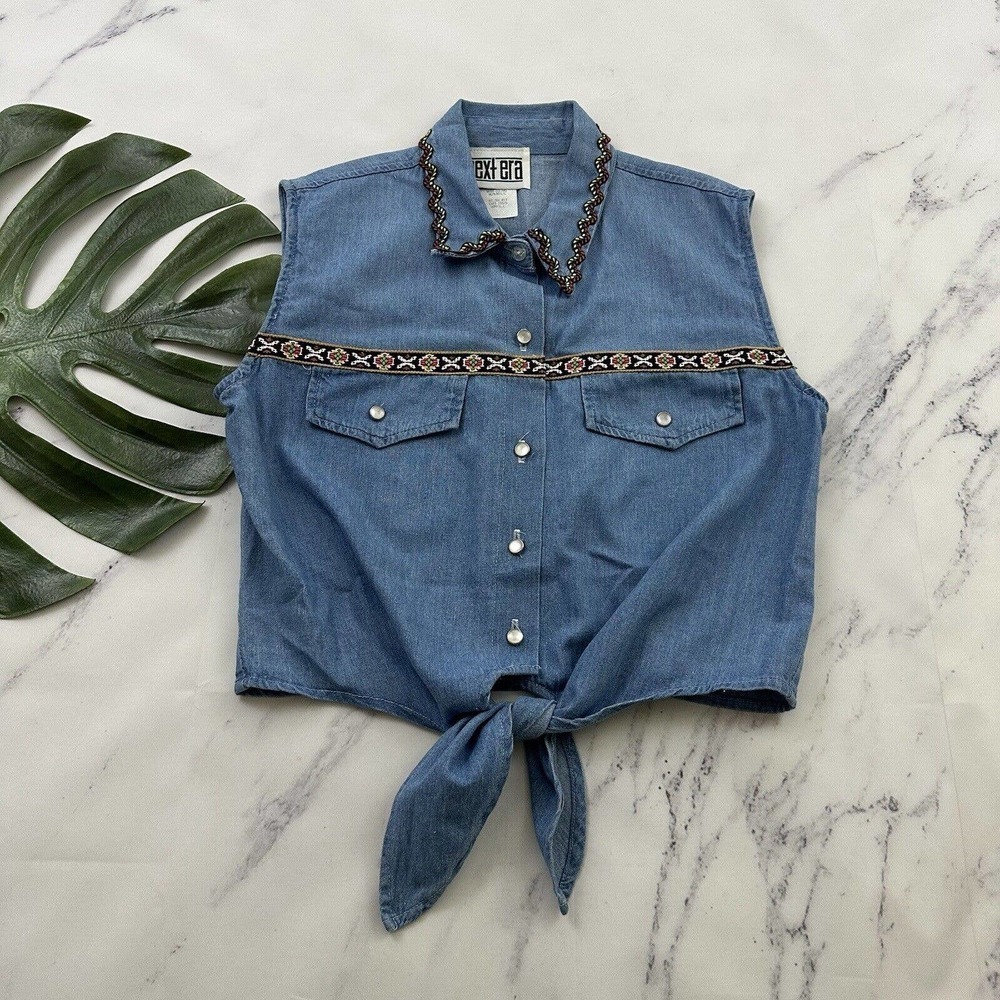 Next Era Womens Vintage Tie Front Top Sz S Blue Southwest RicRac Trim Pearl Snap